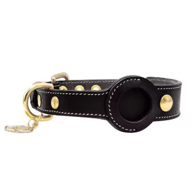 Luxury Genuine Leather Pet Collar with Airtag pocket - Black