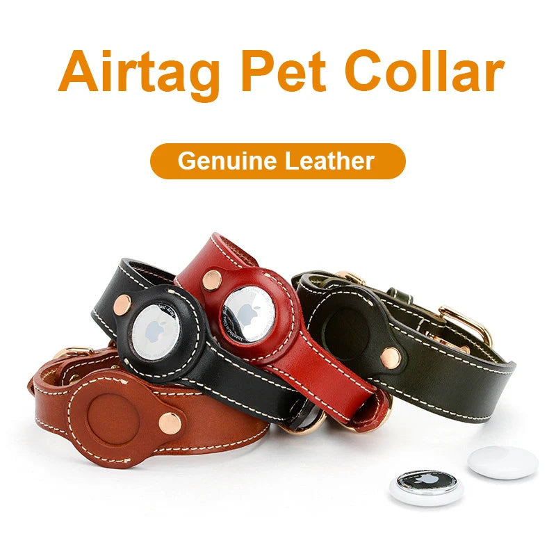 Luxury Genuine Leather Pet Collar with Airtag pocket - Brown