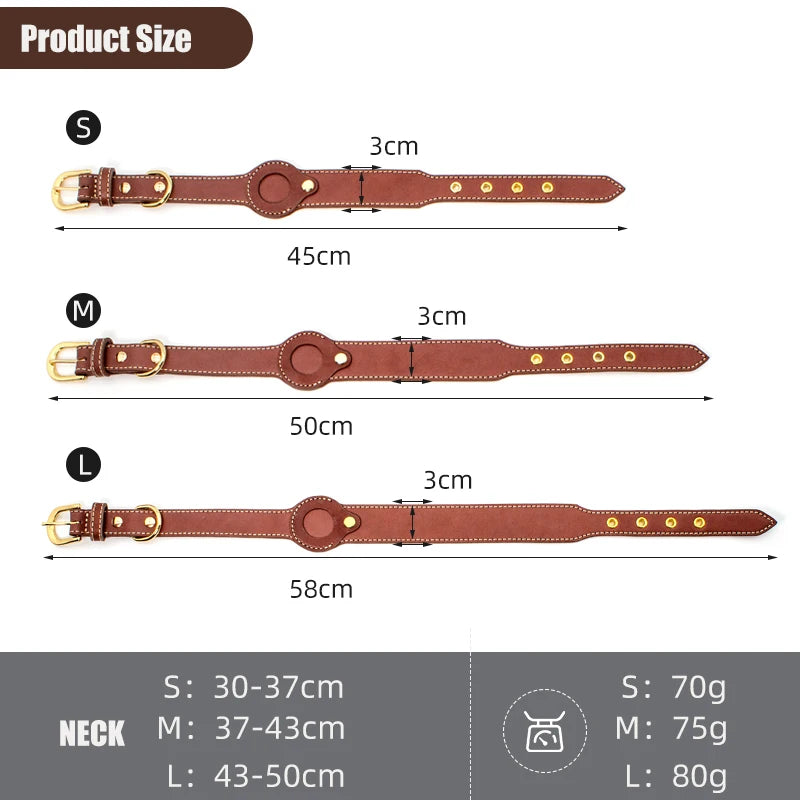 Luxury Genuine Leather Pet Collar with Airtag pocket - Brown