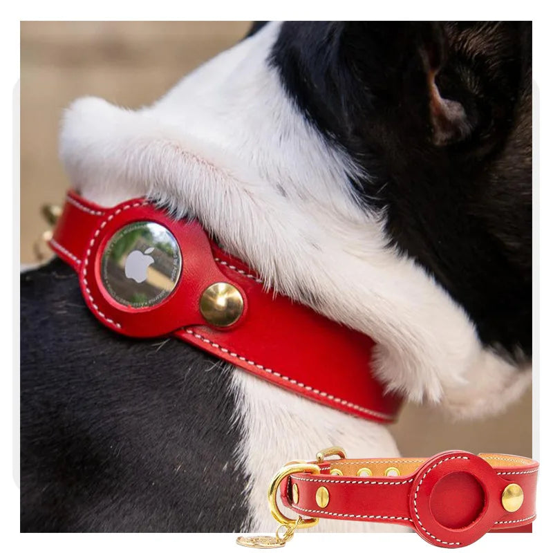 Luxury Genuine Leather Pet Collar with Airtag pocket - Brown