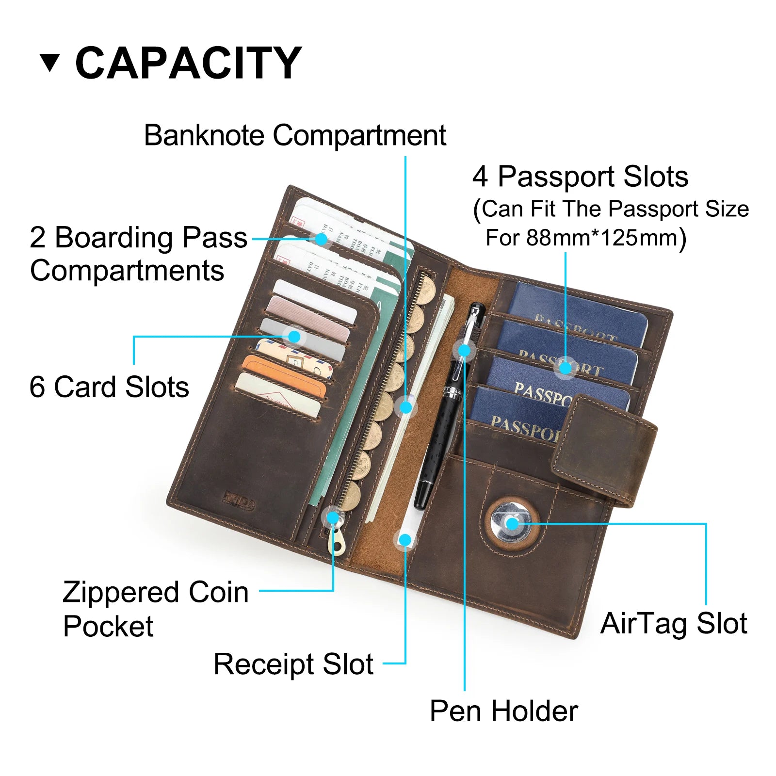 Genuine Leather Family Passport Wallet (with RFID and AirTag Slot)