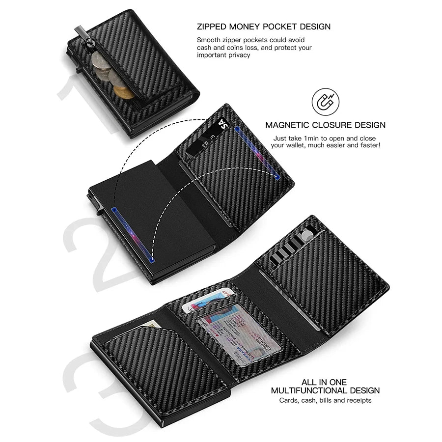 Triple fold, card pop-up wallet. Carbon