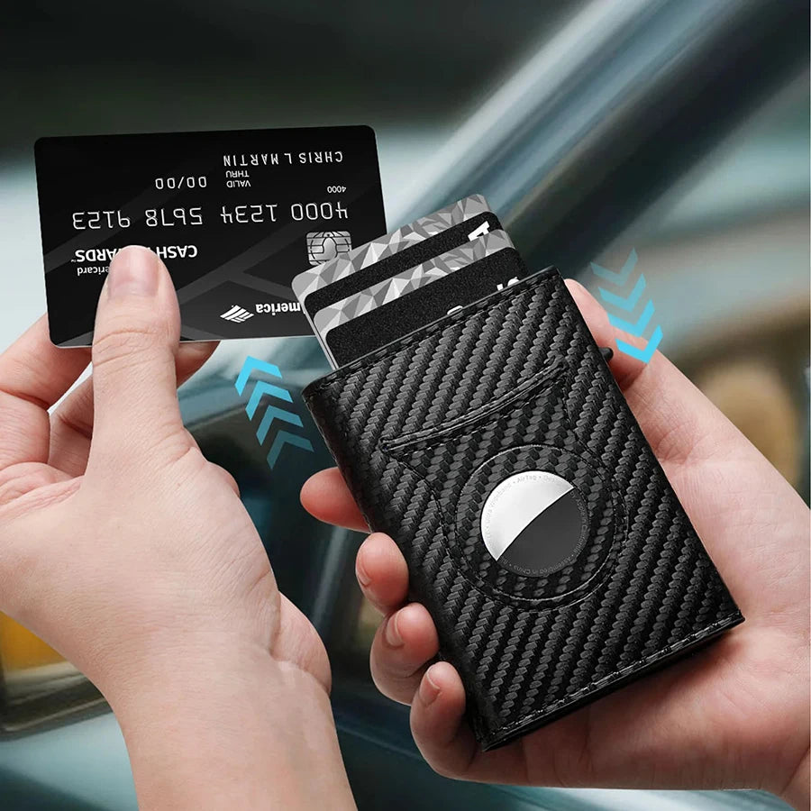 Triple fold, card pop-up wallet. Carbon