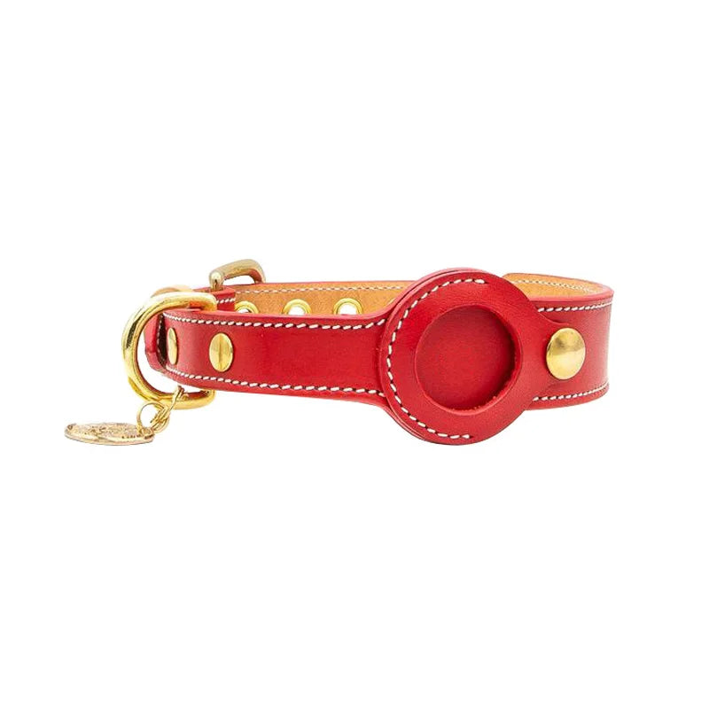 Luxury Genuine Leather Pet Collar with Airtag pocket - Red
