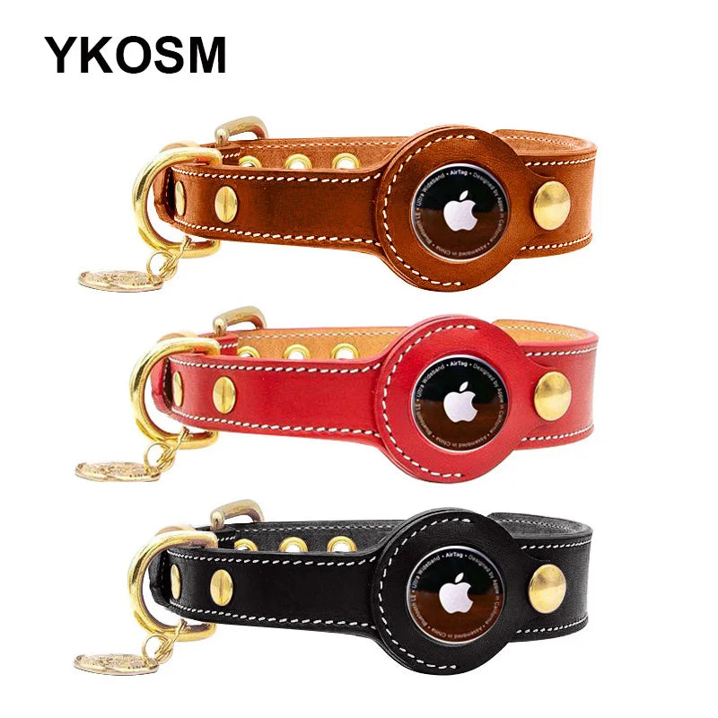 Luxury Genuine Leather Pet Collar with Airtag pocket - Red