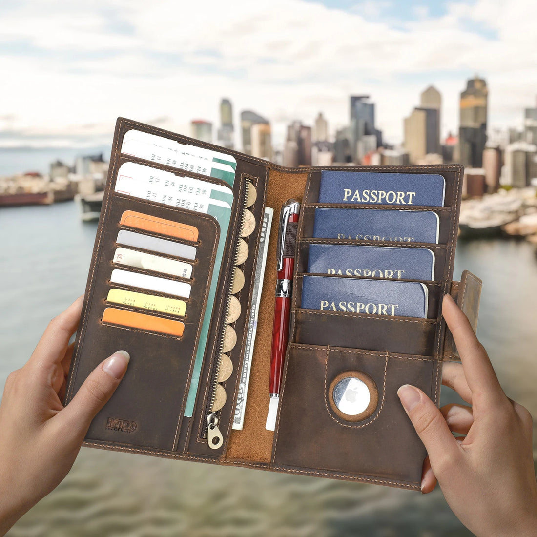 Genuine Leather Family Passport Wallet (with RFID and AirTag Slot)