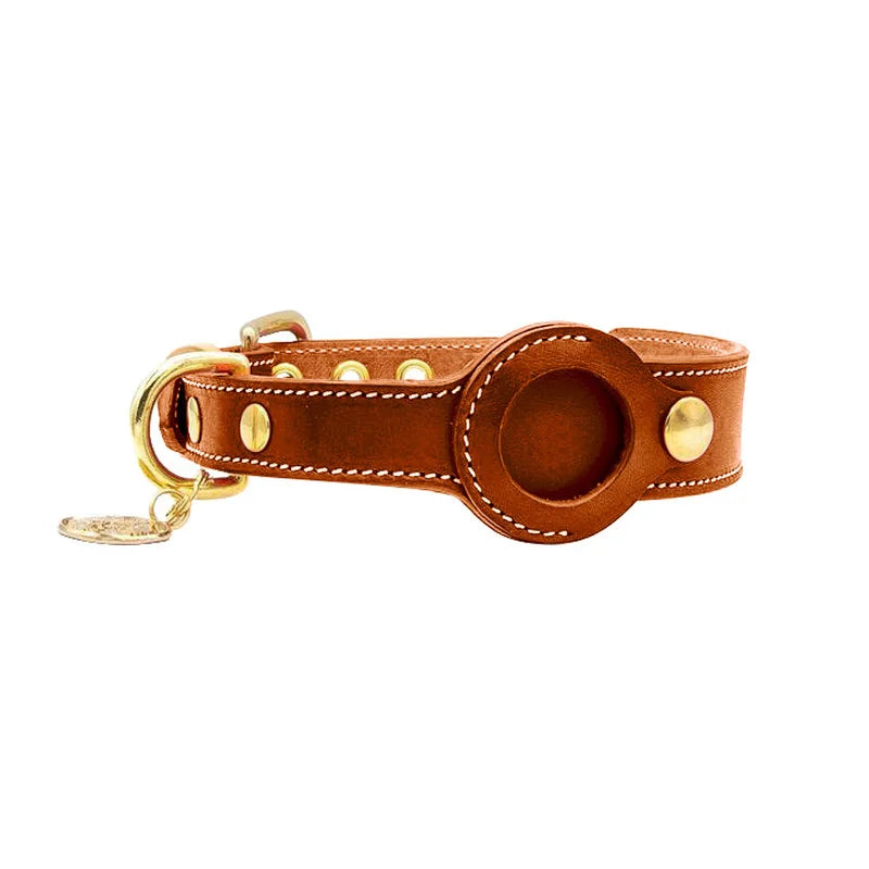 Luxury Genuine Leather Pet Collar with Airtag pocket - Brown