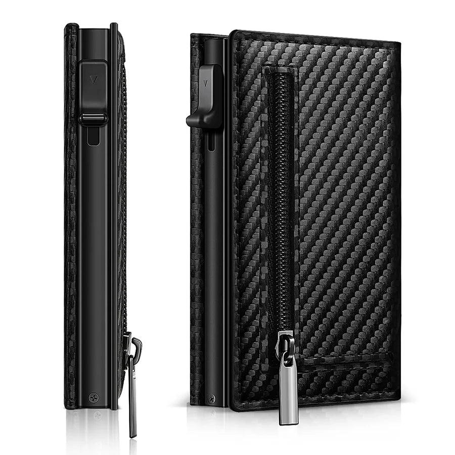 Triple fold, card pop-up wallet. Carbon
